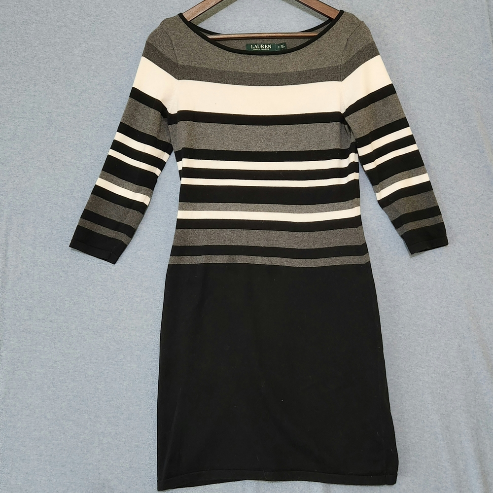 Lauren Ralph LaurenBlack and Gray Striped Long Sleeve Sweater Dress - Picture 1 of 1